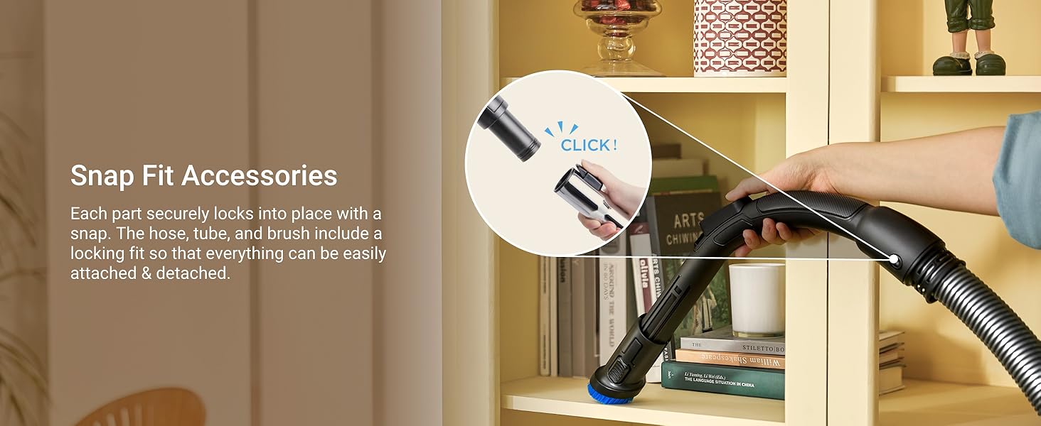 The hose, tube, and brush include a locking fit so that everything can be easily attached