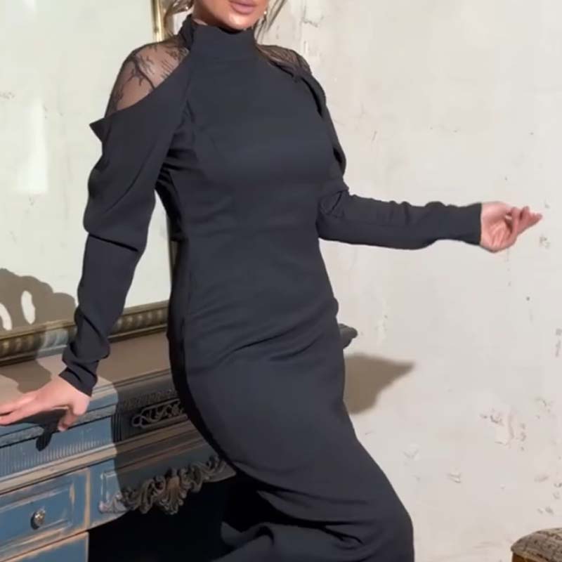 🖤 Women's Elegant Mock Neck Lace Back Midi Dress