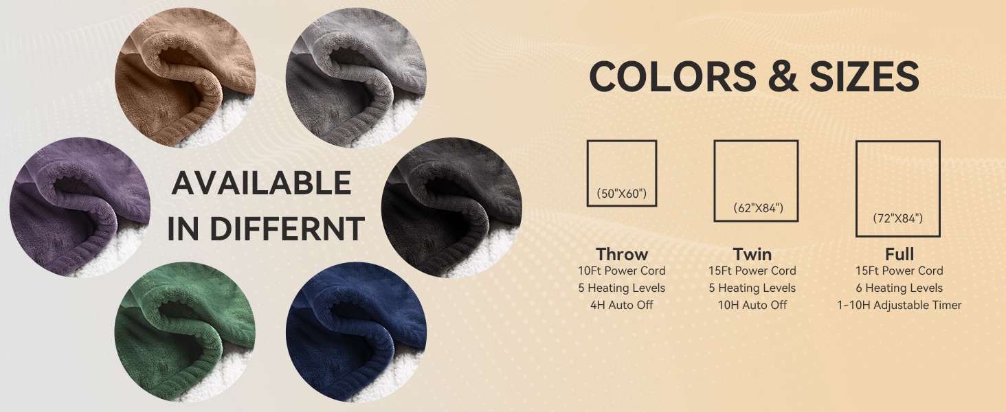 available in different colors & sizes, heating blanket