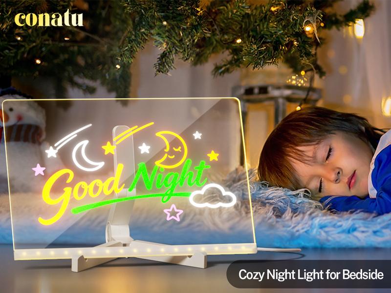 Conatu Led Drawing Board For Kids, Acrylic Dry Erase Light-Up Board with Stand Markers Wipes Spray Bottle & Tracing Paper Erasable Reusable Board for Kids Learning Ideal Gift for Birthday Halloween Christmas Decorative Neon Sign