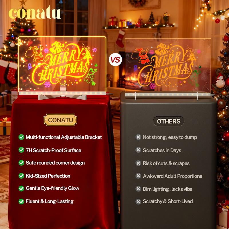 Conatu Led Drawing Board For Kids, Acrylic Dry Erase Light-Up Board with Stand Markers Wipes Spray Bottle & Tracing Paper Erasable Reusable Board for Kids Learning Ideal Gift for Birthday Halloween Christmas Decorative Neon Sign