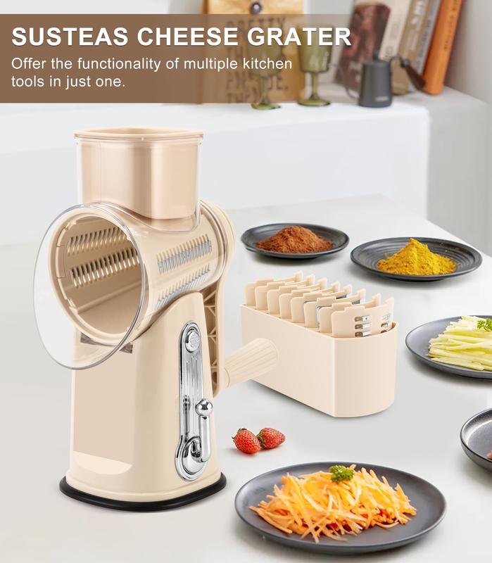SUSTEAS Rotary Cheese Grater with Handle - Comes with 5 Blades, Strong Suction Cup Base, Comes with Blade Storage Box Cutlery Kitchen Utensils Food Shredder Tool Vegetable Slicer Potato Cutter Beige