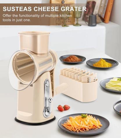 SUSTEAS Rotary Cheese Grater with Handle - Comes with 5 Blades, Strong Suction Cup Base, Comes with Blade Storage Box Cutlery Kitchen Utensils Food Shredder Tool Vegetable Slicer Potato Cutter Beige