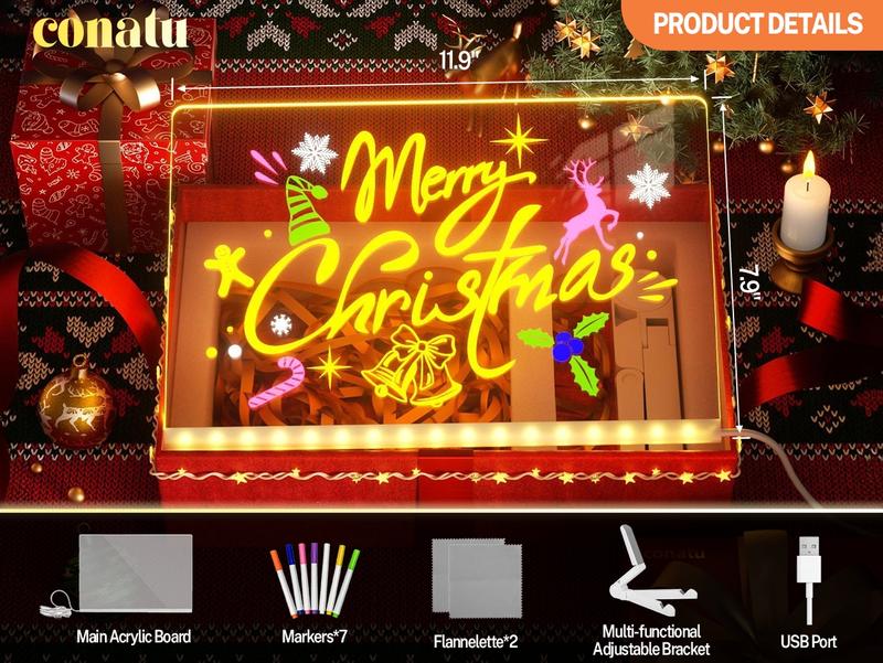 Conatu Led Drawing Board For Kids, Acrylic Dry Erase Light-Up Board with Stand Markers Wipes Spray Bottle & Tracing Paper Erasable Reusable Board for Kids Learning Ideal Gift for Birthday Halloween Christmas Decorative Neon Sign