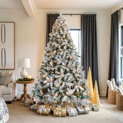 【Christmas Gift】4.5/7.5FT Snow Flocked Pre-lit Artificial Christmas Tree with 250 Warm White Lights, 820 Branch Tips & Foldable Metal Stand, Perfect for Home, Holiday Décor & Christmas Gift