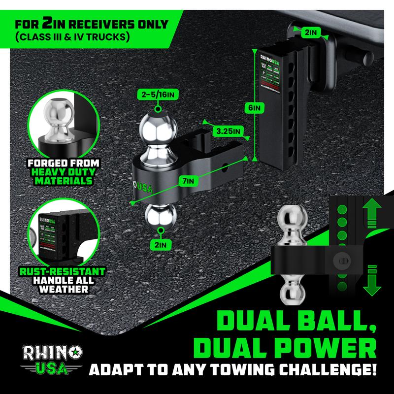 Rhino USA Adjustable Trailer Hitch 2 inch Receiver - Heavy Duty Aluminum Drop Hitch with 12,500lb GTW Towing Capacity for Hauling Heavy Trucks, RV, Trailer, Camper