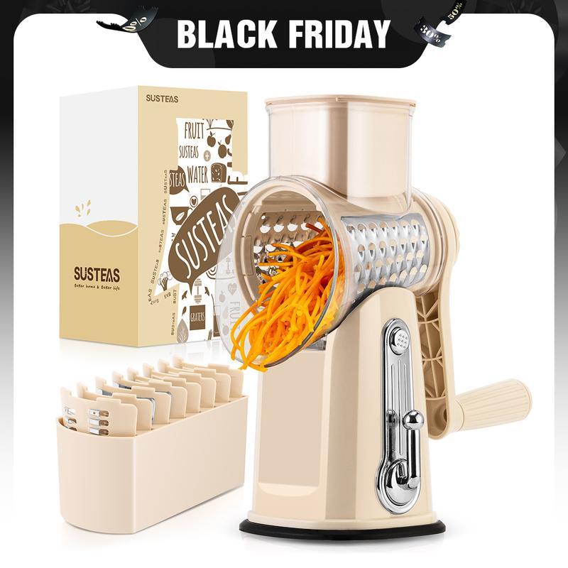 SUSTEAS Rotary Cheese Grater with Handle - Comes with 5 Blades, Strong Suction Cup Base, Comes with Blade Storage Box Cutlery Kitchen Utensils Food Shredder Tool Vegetable Slicer Potato Cutter Beige