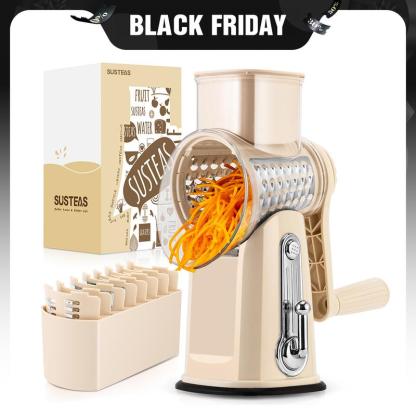 SUSTEAS Rotary Cheese Grater with Handle - Comes with 5 Blades, Strong Suction Cup Base, Comes with Blade Storage Box Cutlery Kitchen Utensils Food Shredder Tool Vegetable Slicer Potato Cutter Beige
