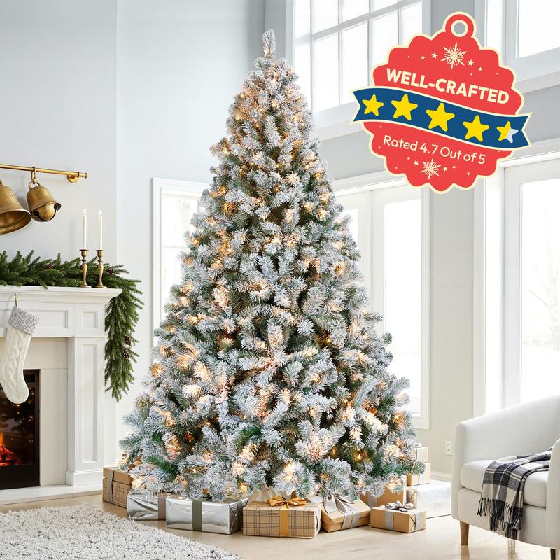 【Christmas Gift】4.5/7.5FT Snow Flocked Pre-lit Artificial Christmas Tree with 250 Warm White Lights, 820 Branch Tips & Foldable Metal Stand, Perfect for Home, Holiday Décor & Christmas Gift