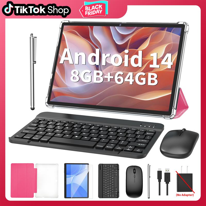 【TikTokShopBlackFriday】PYNAREL Tablet 10.1 Inch Android 14, 2 in 1 Portable Device with Keyboard, Mouse, Case, Stylus, 8(4+4)GB RAM 64GB ROM, Dual Camera, for Xmas Gift