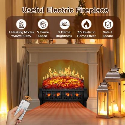 R.W.FLAME Electric Fireplace Insert Log Heater 21",750W/1500W Adjustable 5 Flame Brightness&Speed, Fireplace Insert with Realistic Ember Bed&Traditional Brown Log,Overheat Protection&Remote Control