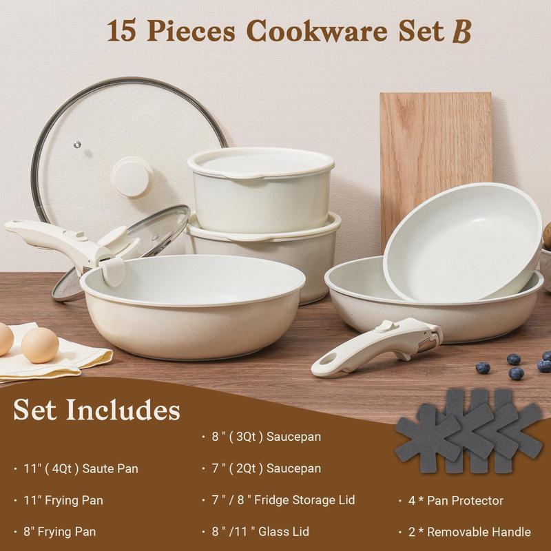 SODAY 15pcs Pots and Pans Set Non Stick, Cookware Sets with Detachable