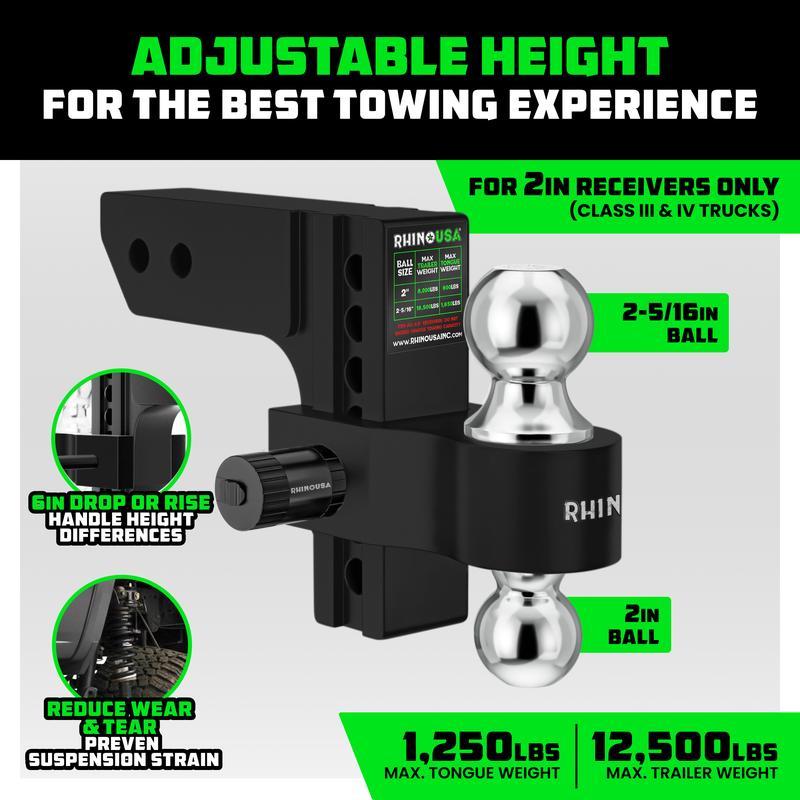 Rhino USA Adjustable Trailer Hitch 2 inch Receiver - Heavy Duty Aluminum Drop Hitch with 12,500lb GTW Towing Capacity for Hauling Heavy Trucks, RV, Trailer, Camper