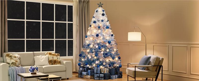 【Christmas Gift】Yaheetech 4.5/6/7.5/9/12FT Snow Flocked Pre-lit Artificial Christmas Tree with 250 Warm White Lights, 820 Branch Tips & Foldable Metal Stand, Perfect for Home, Holiday Décor & Christmas Gift