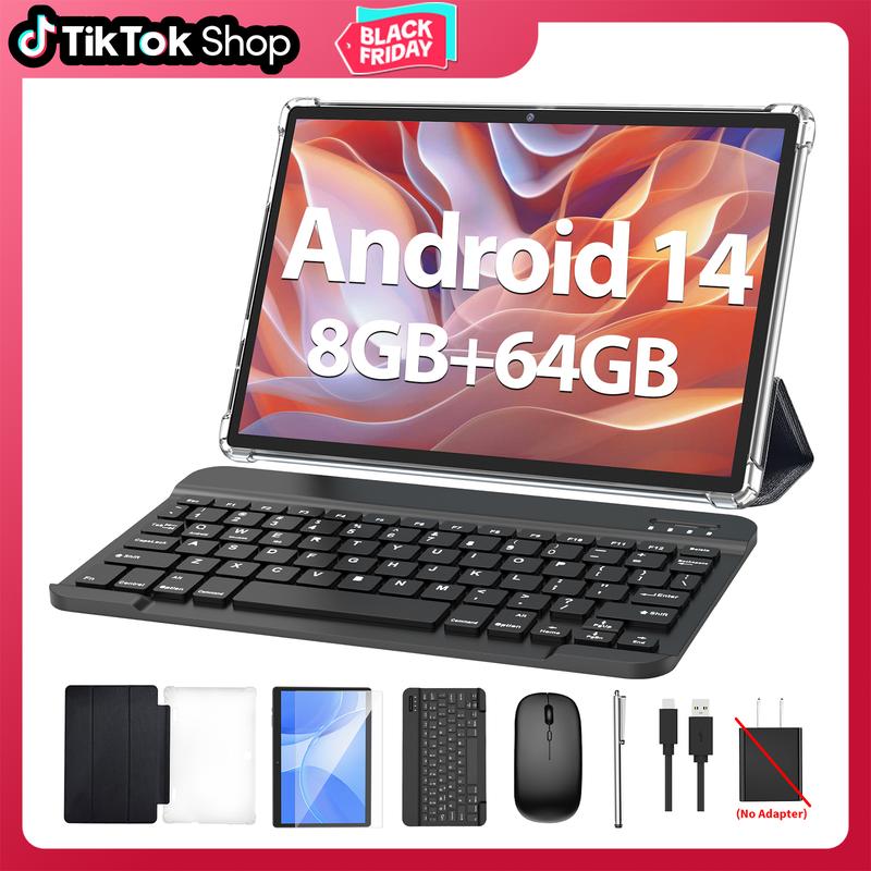 【TikTokShopBlackFriday】PYNAREL Tablet 10.1 Inch Android 14, 2 in 1 Portable Device with Keyboard, Mouse, Case, Stylus, 8(4+4)GB RAM 64GB ROM, Dual Camera, for Xmas Gift