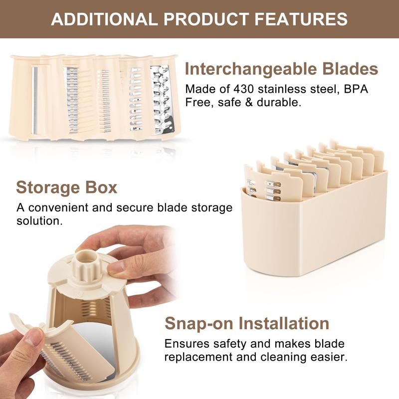 SUSTEAS Rotary Cheese Grater with Handle - Comes with 5 Blades, Strong Suction Cup Base, Comes with Blade Storage Box Cutlery Kitchen Utensils Food Shredder Tool Vegetable Slicer Potato Cutter Beige