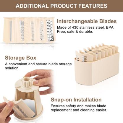 SUSTEAS Rotary Cheese Grater with Handle - Comes with 5 Blades, Strong Suction Cup Base, Comes with Blade Storage Box Cutlery Kitchen Utensils Food Shredder Tool Vegetable Slicer Potato Cutter Beige