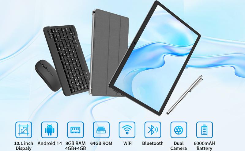 【TikTokShopBlackFriday】PYNAREL Tablet 10.1 Inch Android 14, 2 in 1 Portable Device with Keyboard, Mouse, Case, Stylus, 8(4+4)GB RAM 64GB ROM, Dual Camera, for Xmas Gift
