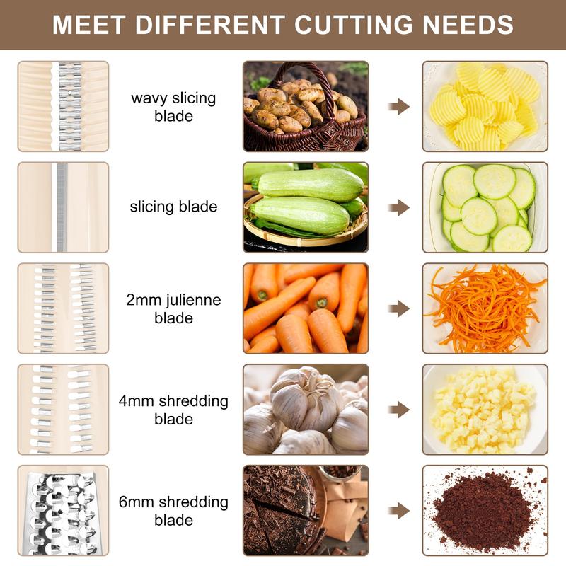 SUSTEAS Rotary Cheese Grater with Handle - Comes with 5 Blades, Strong Suction Cup Base, Comes with Blade Storage Box Cutlery Kitchen Utensils Food Shredder Tool Vegetable Slicer Potato Cutter Beige