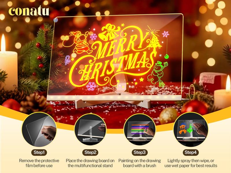 Conatu Led Drawing Board For Kids, Acrylic Dry Erase Light-Up Board with Stand Markers Wipes Spray Bottle & Tracing Paper Erasable Reusable Board for Kids Learning Ideal Gift for Birthday Halloween Christmas Decorative Neon Sign