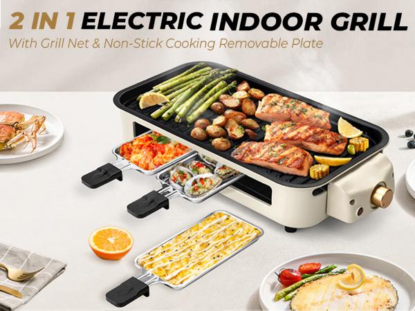 Pukomc Electric Indoor Grill,2 in 1 Indoor Grills for Kitchen with Grill Net & Non-Stick Cooking Removable Plate, Temperature Control, Dishwasher Safe, 1500W Smokeless barbecue Universal Griddle