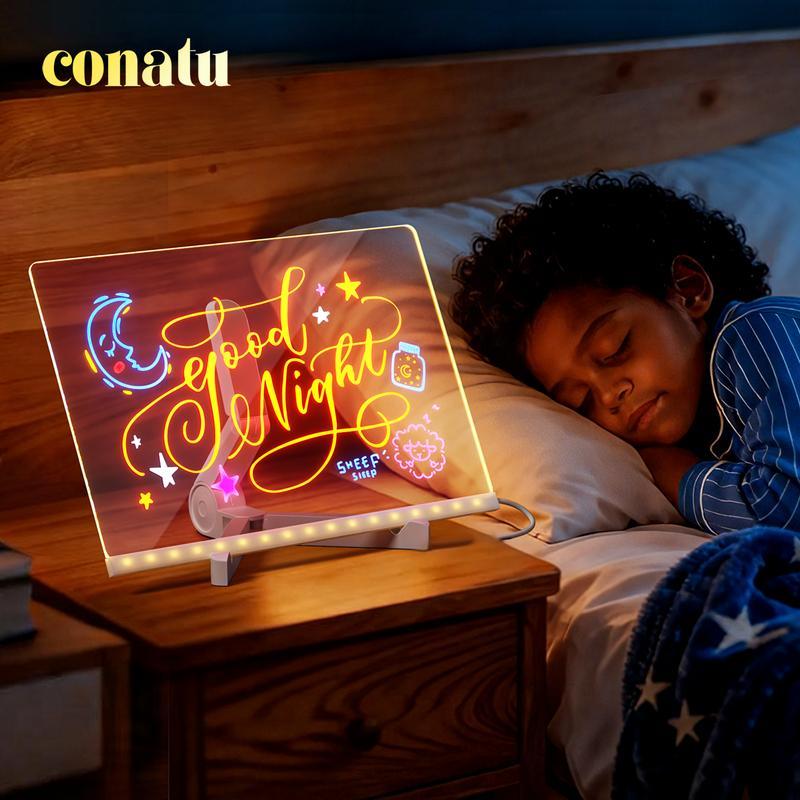 Conatu Led Drawing Board For Kids, Acrylic Dry Erase Light-Up Board with Stand Markers Wipes Spray Bottle & Tracing Paper Erasable Reusable Board for Kids Learning Ideal Gift for Birthday Halloween Christmas Decorative Neon Sign