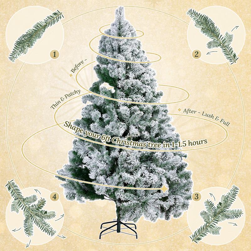 【Christmas Gift】4.5/7.5FT Snow Flocked Pre-lit Artificial Christmas Tree with 250 Warm White Lights, 820 Branch Tips & Foldable Metal Stand, Perfect for Home, Holiday Décor & Christmas Gift