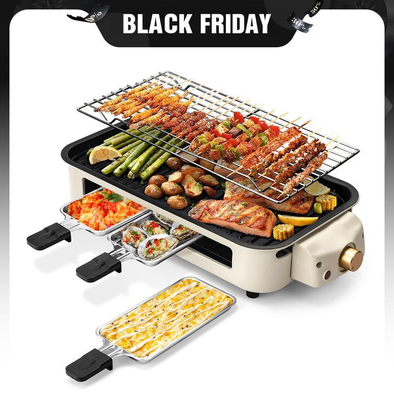 Pukomc Electric Indoor Grill,2 in 1 Indoor Grills for Kitchen with Grill Net & Non-Stick Cooking Removable Plate, Temperature Control, Dishwasher Safe, 1500W Smokeless barbecue Universal Griddle