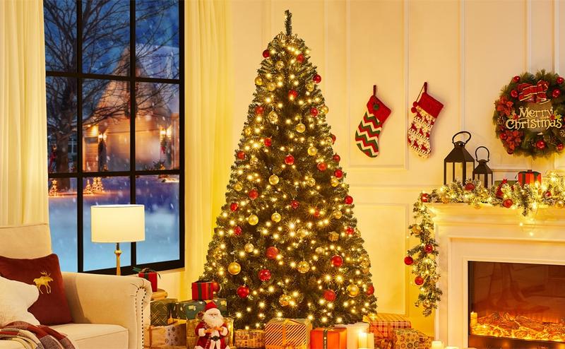 【Christmas Gift】Yaheetech 4.5/6/7.5/9/12FT Snow Flocked Pre-lit Artificial Christmas Tree with 250 Warm White Lights, 820 Branch Tips & Foldable Metal Stand, Perfect for Home, Holiday Décor & Christmas Gift