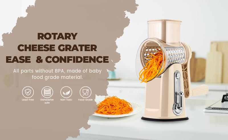SUSTEAS Rotary Cheese Grater with Handle - Comes with 5 Blades, Strong Suction Cup Base, Comes with Blade Storage Box Cutlery Kitchen Utensils Food Shredder Tool Vegetable Slicer Potato Cutter Beige