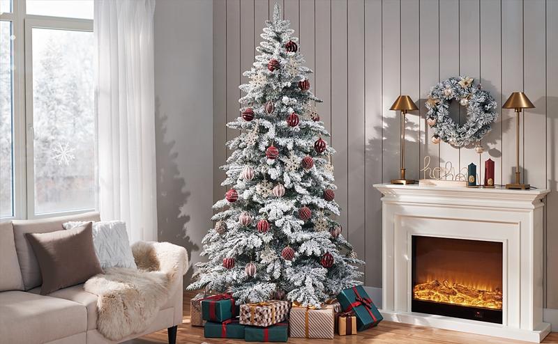 【Christmas Gift】Yaheetech 4.5/6/7.5/9/12FT Snow Flocked Pre-lit Artificial Christmas Tree with 250 Warm White Lights, 820 Branch Tips & Foldable Metal Stand, Perfect for Home, Holiday Décor & Christmas Gift