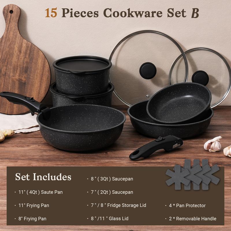 SODAY 15pcs Pots and Pans Set Non Stick, Cookware Sets with Detachable Handle, Nonstick RV Kitchen Cooking Set Removable Handles, Oven Safe,Stackable, Frying, Kitchenware,stock up on specials,TikTokShopBlackFriday