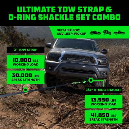 20' Tow Strap & D-Ring Shackle Set Combo