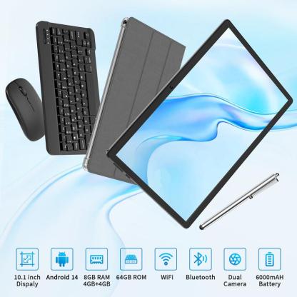 【TikTokShopBlackFriday】PYNAREL Tablet 10.1 Inch Android 14, 2 in 1 Portable Device with Keyboard, Mouse, Case, Stylus, 8(4+4)GB RAM 64GB ROM, Dual Camera, for Xmas Gift