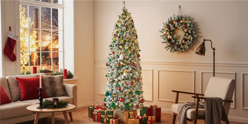 【Christmas Gift】Yaheetech 4.5/6/7.5/9/12FT Snow Flocked Pre-lit Artificial Christmas Tree with 250 Warm White Lights, 820 Branch Tips & Foldable Metal Stand, Perfect for Home, Holiday Décor & Christmas Gift