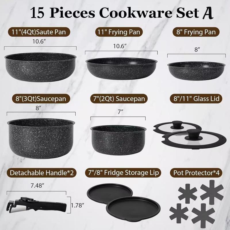 SODAY 15pcs Pots and Pans Set Non Stick, Cookware Sets with Detachable Handle, Nonstick RV Kitchen Cooking Set Removable Handles, Oven Safe,Stackable, Frying, Kitchenware,stock up on specials,TikTokShopBlackFriday