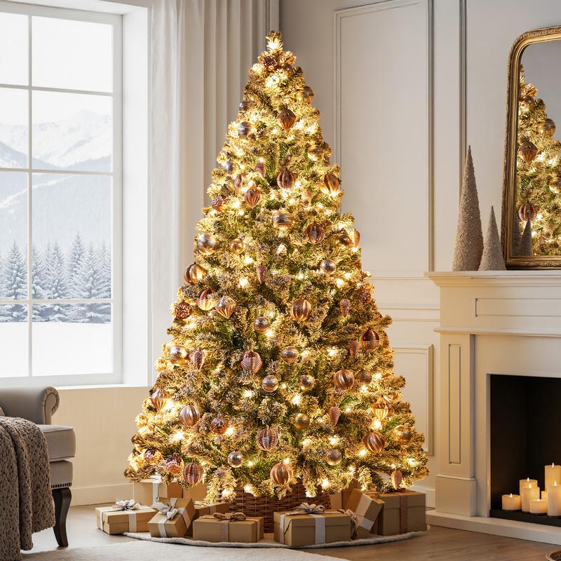 【Christmas Gift】4.5/7.5FT Snow Flocked Pre-lit Artificial Christmas Tree with 250 Warm White Lights, 820 Branch Tips & Foldable Metal Stand, Perfect for Home, Holiday Décor & Christmas Gift