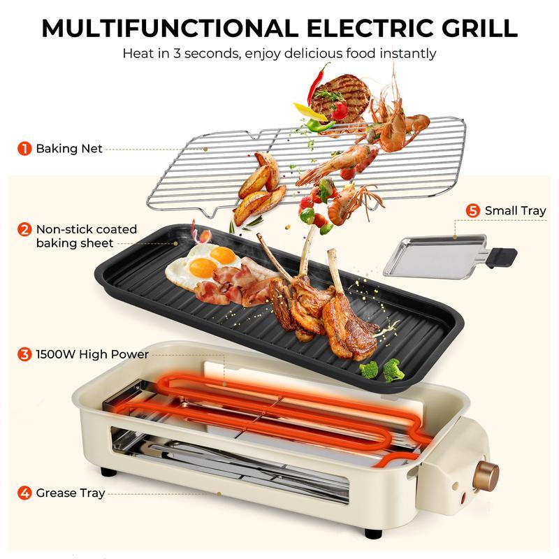 Pukomc Electric Indoor Grill,2 in 1 Indoor Grills for Kitchen with Grill Net & Non-Stick Cooking Removable Plate, Temperature Control, Dishwasher Safe, 1500W Smokeless barbecue Universal Griddle