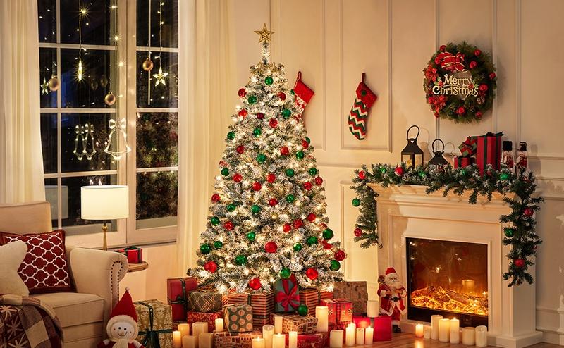 【Christmas Gift】Yaheetech 4.5/6/7.5/9/12FT Snow Flocked Pre-lit Artificial Christmas Tree with 250 Warm White Lights, 820 Branch Tips & Foldable Metal Stand, Perfect for Home, Holiday Décor & Christmas Gift