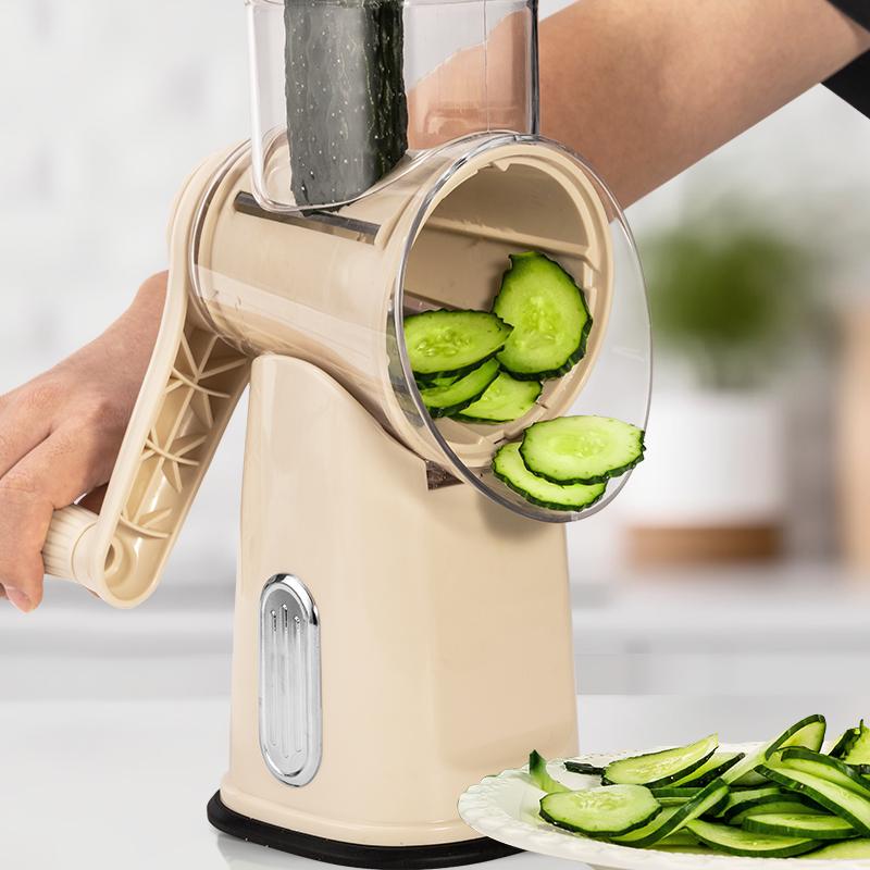 SUSTEAS Rotary Cheese Grater with Handle - Comes with 5 Blades, Strong Suction Cup Base, Comes with Blade Storage Box Cutlery Kitchen Utensils Food Shredder Tool Vegetable Slicer Potato Cutter Beige