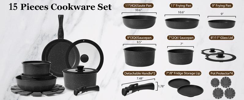 SODAY 15pcs Pots and Pans Set Non Stick, Cookware Sets with Detachable Handle, Nonstick RV Kitchen Cooking Set Removable Handles, Oven Safe,Stackable, Frying, Kitchenware,stock up on specials,TikTokShopBlackFriday