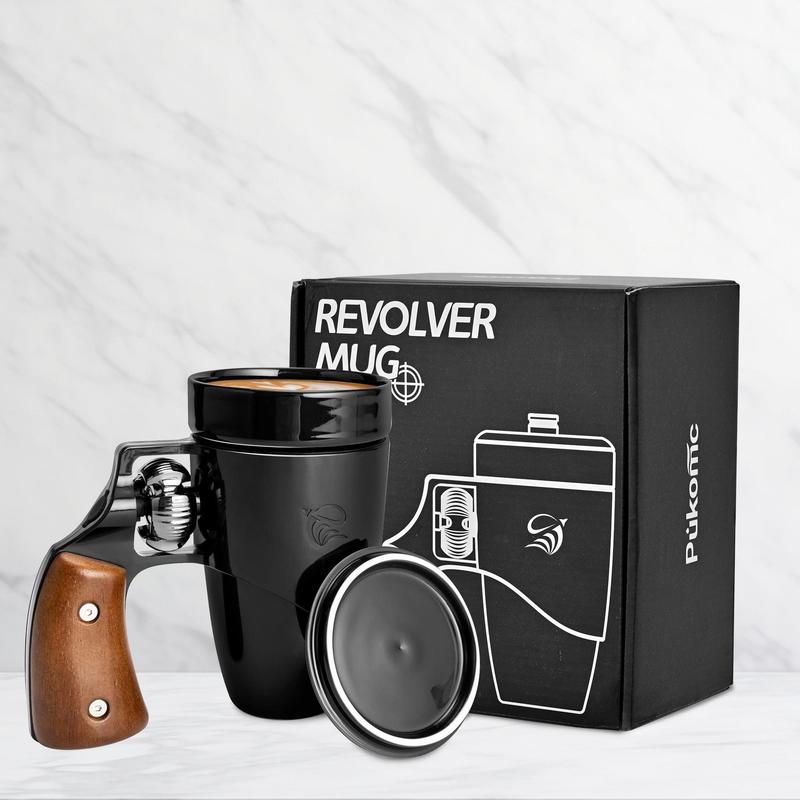 Pukomc Coffee Mug with Rotatable Wooden Handle, Ceramic Leak-Proof and Scalding-Proof Cup, 16 Ounces Beverage Drinkware Glass Reusable Reuse Tumbler Washable