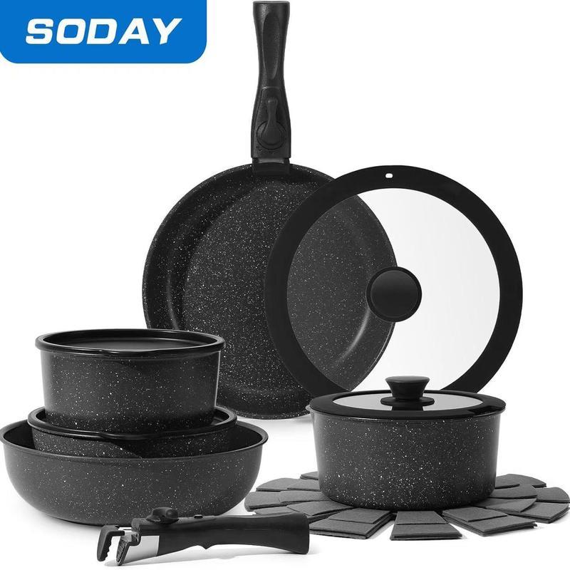 SODAY 15pcs Pots and Pans Set Non Stick, Cookware Sets with Detachable Handle, Nonstick RV Kitchen Cooking Set Removable Handles, Oven Safe,Stackable, Frying, Kitchenware,stock up on specials,TikTokShopBlackFriday