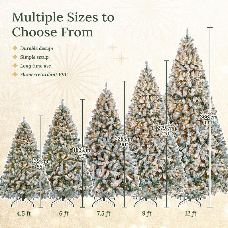 【Christmas Gift】4.5/7.5FT Snow Flocked Pre-lit Artificial Christmas Tree with 250 Warm White Lights, 820 Branch Tips & Foldable Metal Stand, Perfect for Home, Holiday Décor & Christmas Gift