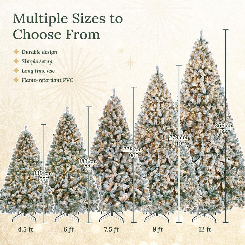 【Christmas Gift】4.5/7.5FT Snow Flocked Pre-lit Artificial Christmas Tree with 250 Warm White Lights, 820 Branch Tips & Foldable Metal Stand, Perfect for Home, Holiday Décor & Christmas Gift