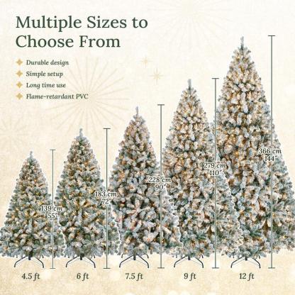 【Christmas Gift】4.5/7.5FT Snow Flocked Pre-lit Artificial Christmas Tree with 250 Warm White Lights, 820 Branch Tips & Foldable Metal Stand, Perfect for Home, Holiday Décor & Christmas Gift