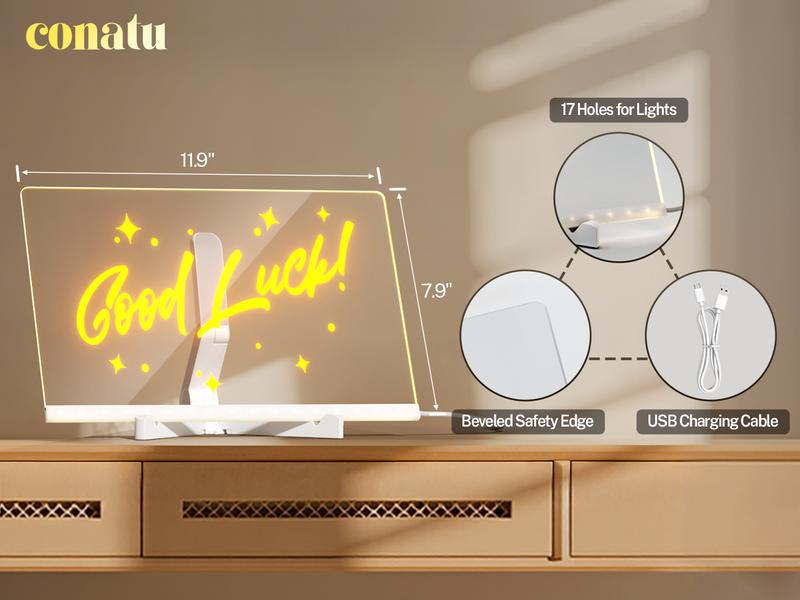 Conatu Led Drawing Board For Kids, Acrylic Dry Erase Light-Up Board with Stand Markers Wipes Spray Bottle & Tracing Paper Erasable Reusable Board for Kids Learning Ideal Gift for Birthday Halloween Christmas Decorative Neon Sign