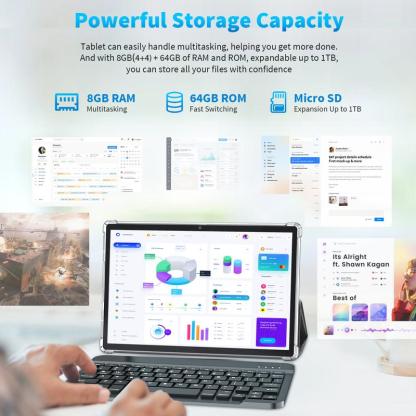 【TikTokShopBlackFriday】PYNAREL Tablet 10.1 Inch Android 14, 2 in 1 Portable Device with Keyboard, Mouse, Case, Stylus, 8(4+4)GB RAM 64GB ROM, Dual Camera, for Xmas Gift