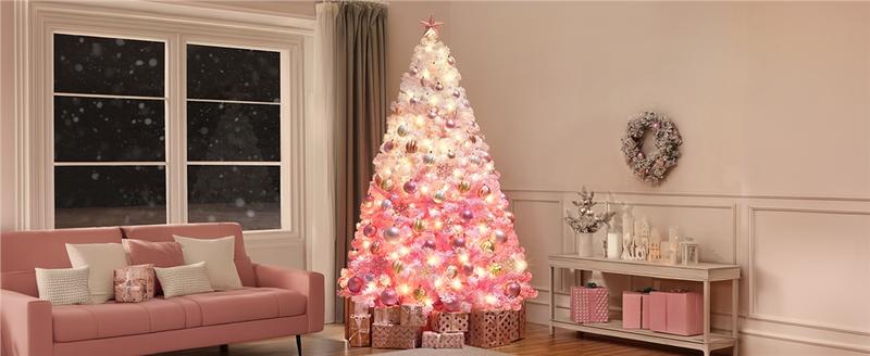 【Christmas Gift】Yaheetech 4.5/6/7.5/9/12FT Snow Flocked Pre-lit Artificial Christmas Tree with 250 Warm White Lights, 820 Branch Tips & Foldable Metal Stand, Perfect for Home, Holiday Décor & Christmas Gift
