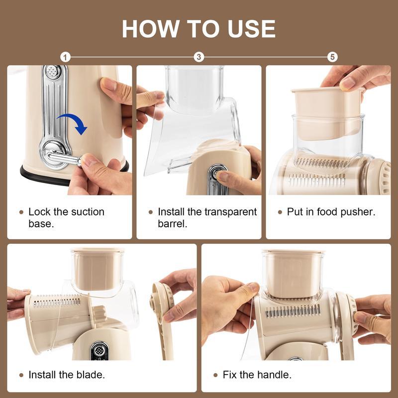 SUSTEAS Rotary Cheese Grater with Handle - Comes with 5 Blades, Strong Suction Cup Base, Comes with Blade Storage Box Cutlery Kitchen Utensils Food Shredder Tool Vegetable Slicer Potato Cutter Beige